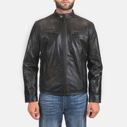 
Rustic Black Leather Biker Jacket in Distressed Black Cowhide Leather - Вид спереди и приталенный силуэт | Купить в официальном онлайн-магазине