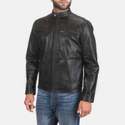 
Distressed Black Cowhide Leather Biker Jacket - Вид сзади, подчеркивающий посадку по плечам и ровный край