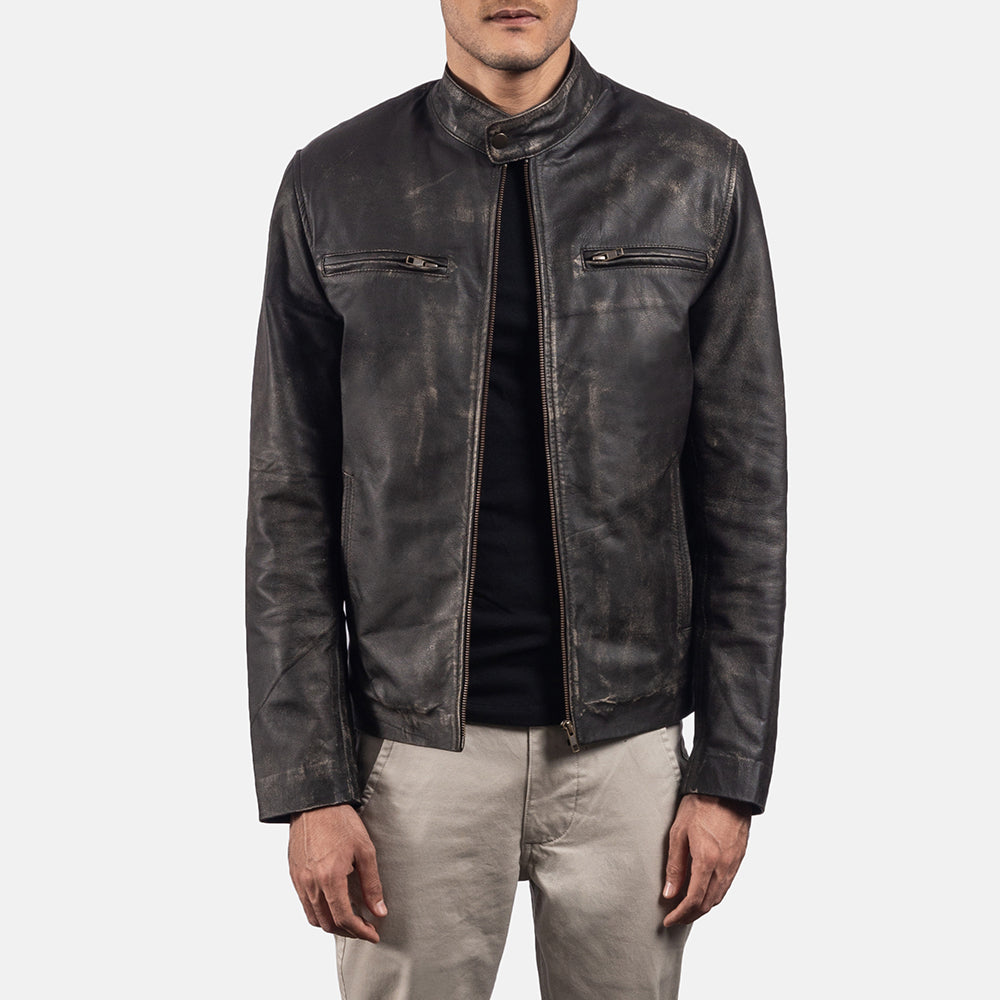 
Open hem & Hem Craftsmanship Construction Detail on Rustic Black Leather Biker Jacket