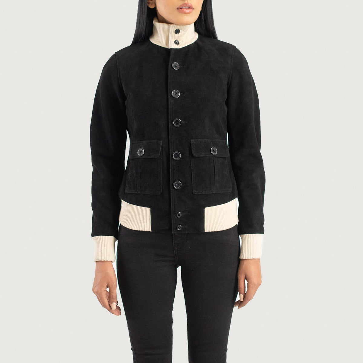 
Крупный план деталей of Knit Rib & Buttons Hardware on Sasha A1 Black Suede Bomber Jacket
