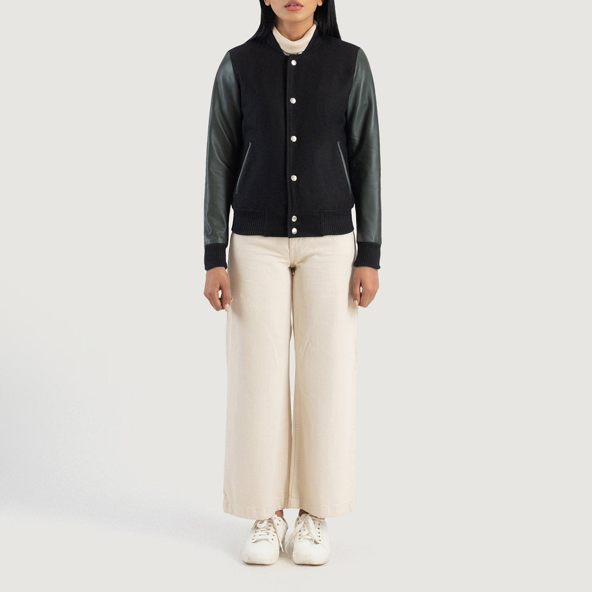 Savant Green Hybrid Varsity Jacket - Lateral Side Profile View Showing Sleeve Cut &amp; Athletic Taper Fit