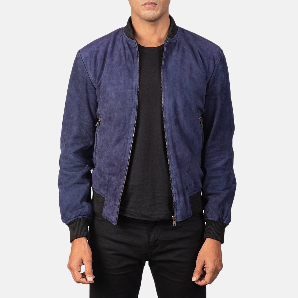 
Shane Navy Blue Suede Bomber Jacket in Blue Goatskin Suede - Вид спереди и приталенный силуэт | Купить в официальном онлайн-магазине