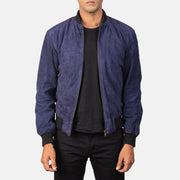 
Shane Navy Blue Suede Bomber Jacket in Blue Goatskin Suede - Вид спереди и приталенный силуэт | Купить в официальном онлайн-магазине