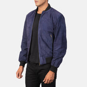 
Blue Goatskin Suede Bomber Jacket - Вид сзади, подчеркивающий посадку по плечам и ровный край