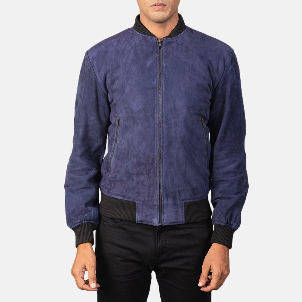 
Крупный план деталей of Varsity & Zipper Hardware on Shane Navy Blue Suede Bomber Jacket