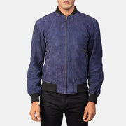 
Крупный план деталей of Varsity & Zipper Hardware on Shane Navy Blue Suede Bomber Jacket