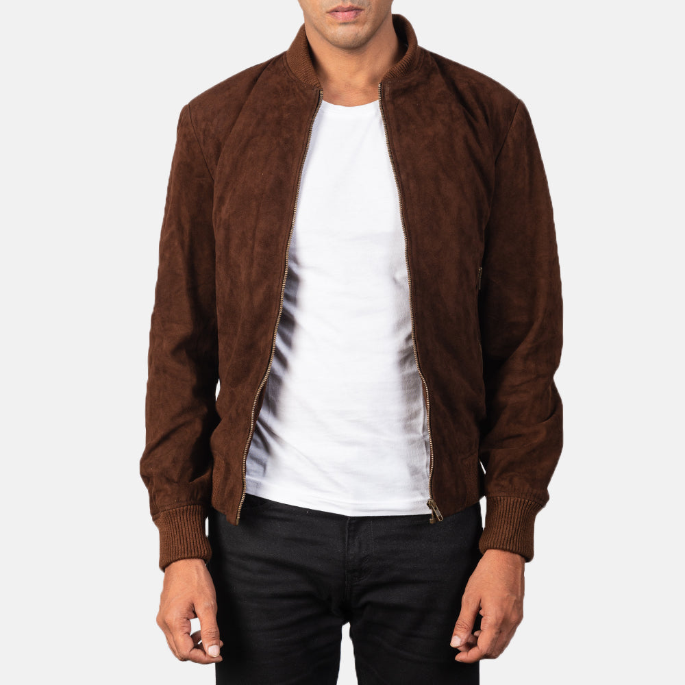 Men's Shane Dark Mocha Brown Suede Bomber Jacket in Dark Brown Goatskin Suede - Front Profile View &amp; Tailored Silhouette | Buy Online