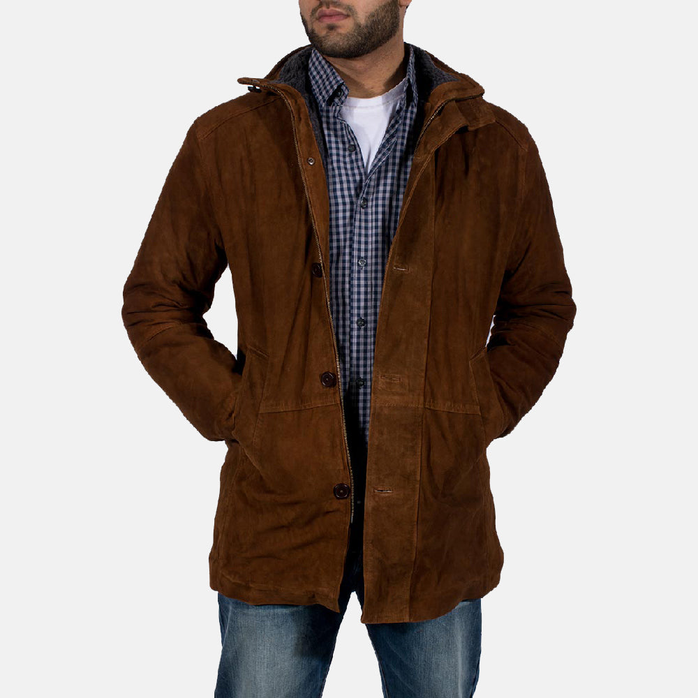 Men's Sheriff Brown Suede Jacket in Brown Goatskin Suede - Front Profile View &amp; Tailored Silhouette | Buy Online
