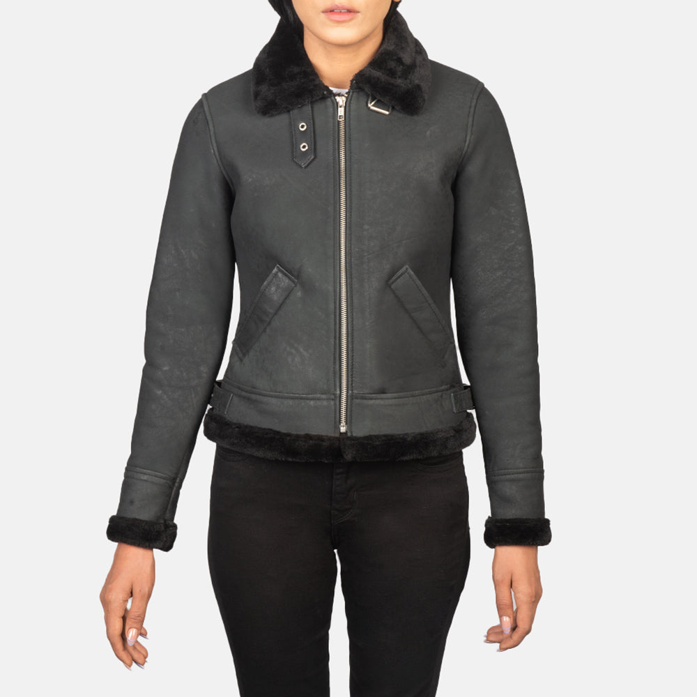 Close-Up Detail of Buckled Collar & Zipper Hardware on Women's Sherilyn B-3 Distressed Black Leather Bomber Jacket