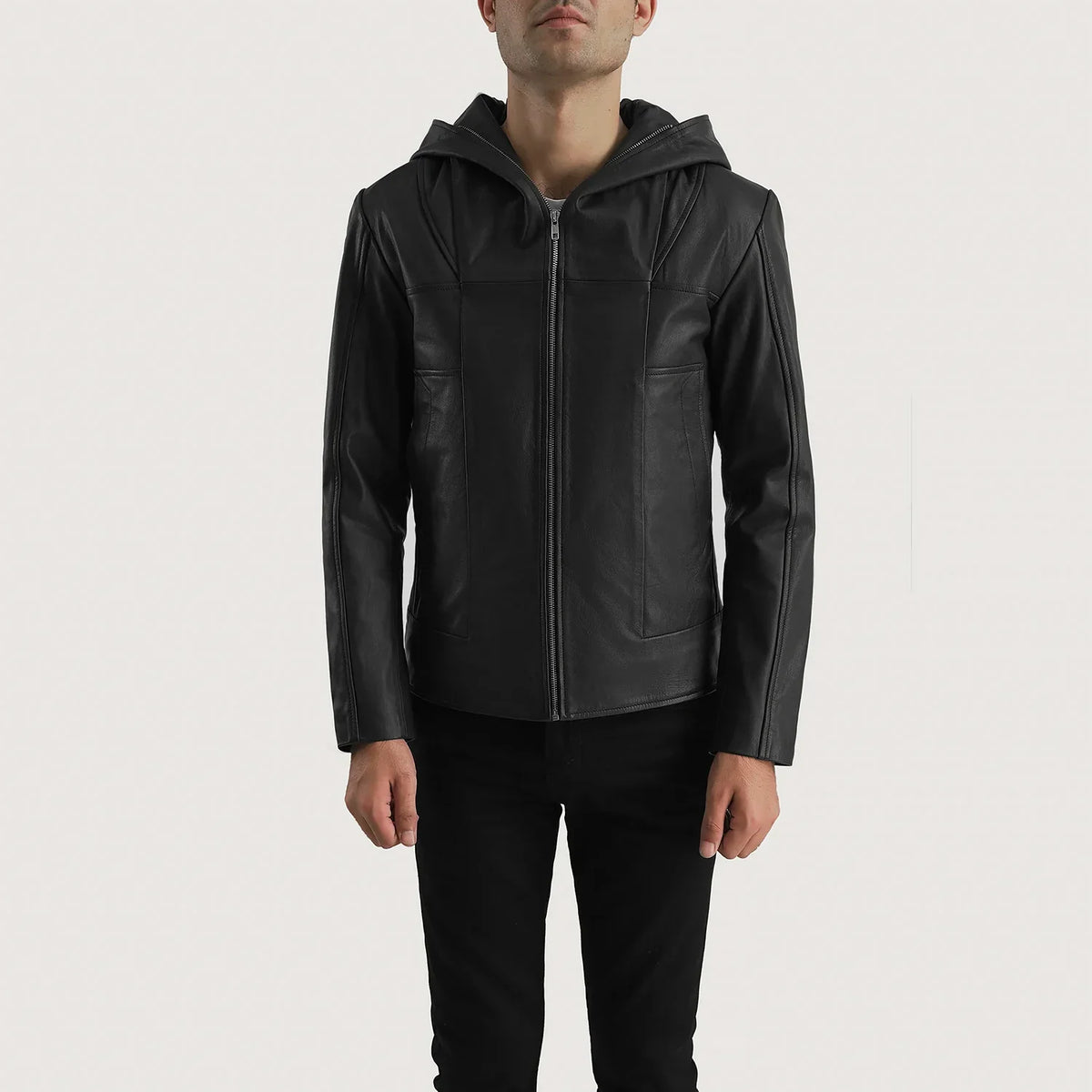 
Black Goatskin Leather Hooded Jacket - Вид сзади, подчеркивающий посадку по плечам и ровный край