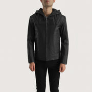 
Black Goatskin Leather Hooded Jacket - Вид сзади, подчеркивающий посадку по плечам и ровный край