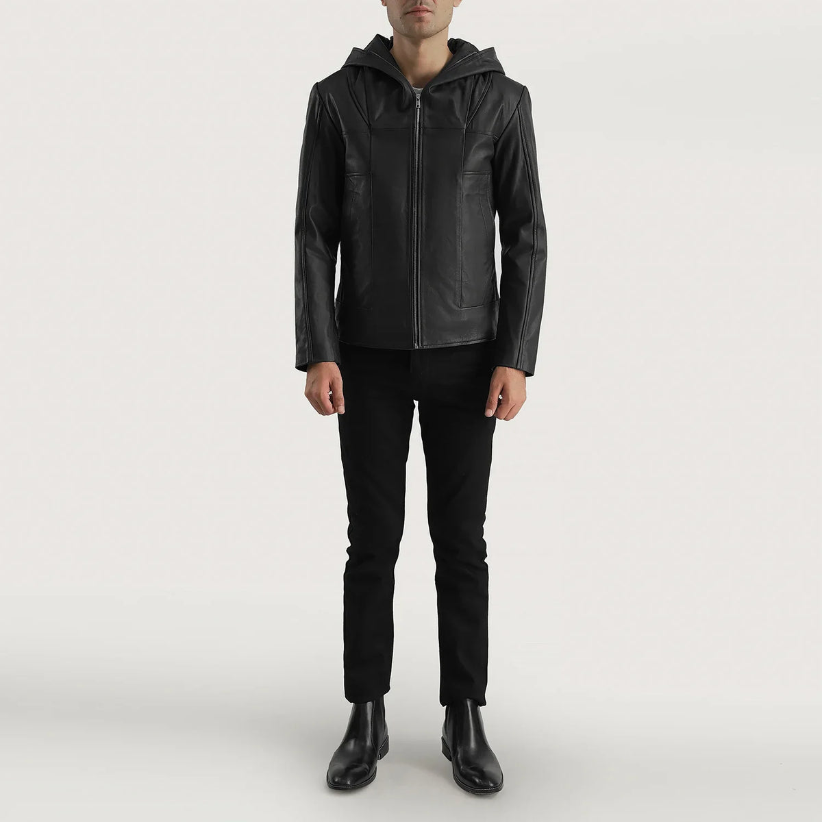 
Крупный план деталей of Hooded & Zipper Hardware on Spratt Черный Hooded Кожаная куртка для Мужчин