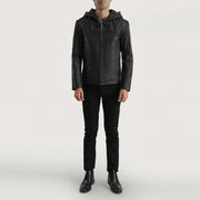 
Крупный план деталей of Hooded & Zipper Hardware on Spratt Черный Hooded Кожаная куртка для Мужчин