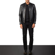 Close-Up Detail of Band with snap button &amp; Zipper Hardware on Men's Tea House Black Leather Biker Jacket