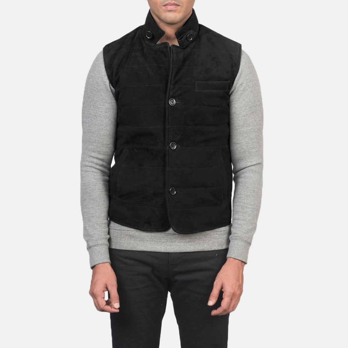 
Крупный план деталей of Notch with removable throat latch & Button Hardware on Tony Черный Suede Vest для Мужчин