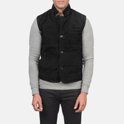 
Крупный план деталей of Notch with removable throat latch & Button Hardware on Tony Черный Suede Vest для Мужчин
