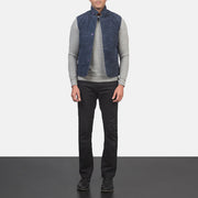 Men's Tony Blue Suede Vest - Lateral Side Profile View Showing Sleeve Cut &amp; Athletic Taper Fit