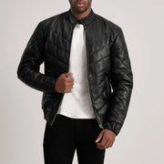 
Travis Black Leather Puffer Jacket in Black Sheepskin Leather - Вид спереди и приталенный силуэт | Купить в официальном онлайн-магазине