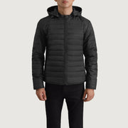 Close-Up Detail of Classic Collar &amp; Zipper Hardware on Tyler Black Hooded Puffer Jacket