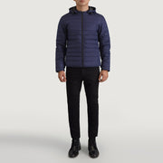 Tyler Blue Hooded Puffer Jacket - Lateral Side Profile View Showing Sleeve Cut &amp; Athletic Taper Fit