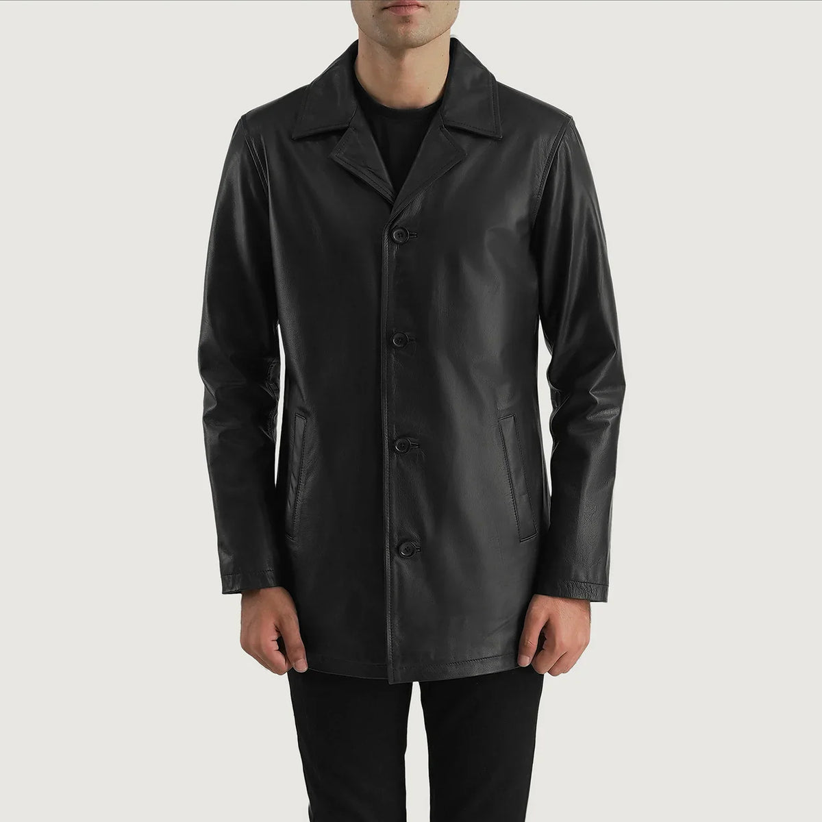 
Urban Slate Черный Кожаное пальто для Мужчин in Black Cowhide (Lt-071) Leather - Вид спереди и приталенный силуэт | Купить в официальном онлайн-магазине