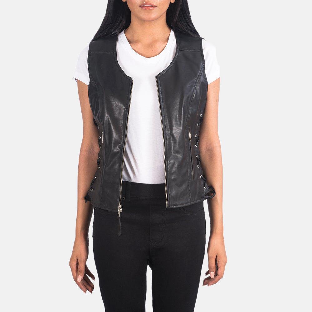 Women's Vanda Black Leather Biker Vest in Black Goatskin Leather - Front Profile View & Tailored Silhouette | Buy Online