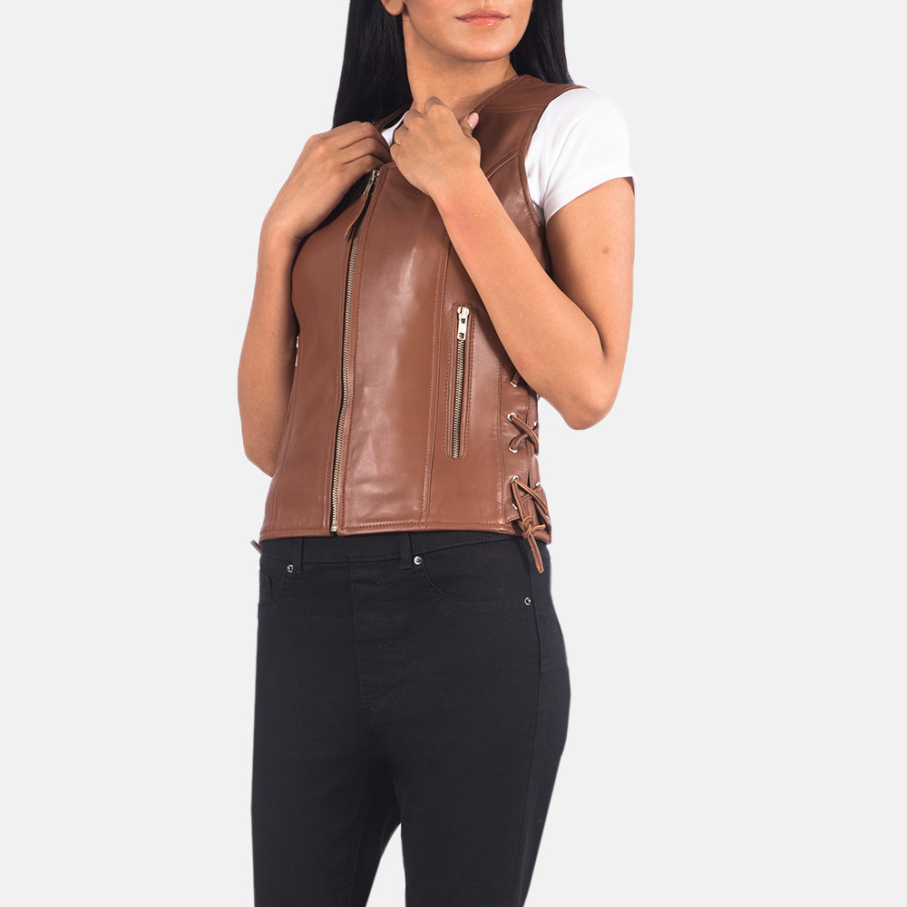 Close-Up Detail of V-neck &amp; Zipper Hardware on Women's Vanda Brown Leather Biker Vest
