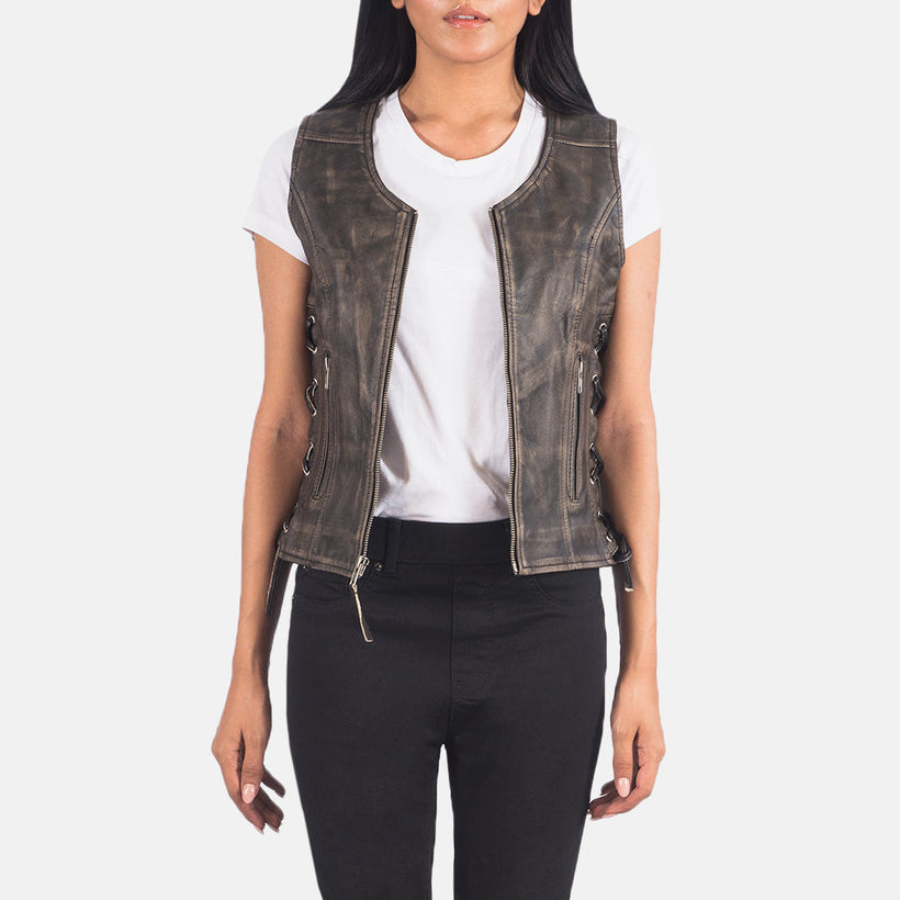 Vanda Distressed Коричневый Leather Biker Vest для Женщин