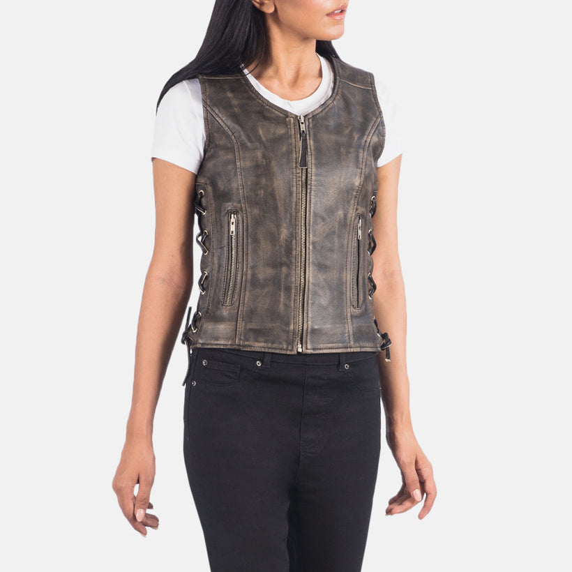 Vanda Distressed Коричневый Leather Biker Vest для Женщин