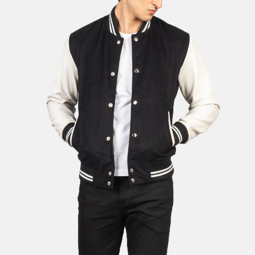 Men's Vaxton Black & White Hybrid Varsity Jacket in Black & White Sheepskin Leather - Front Profile View & Tailored Silhouette | Buy Online