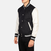 Black &amp; White Sheepskin Leather Varsity Jacket - Back View Showing Tailored Shoulder Fit &amp; Clean Hemline