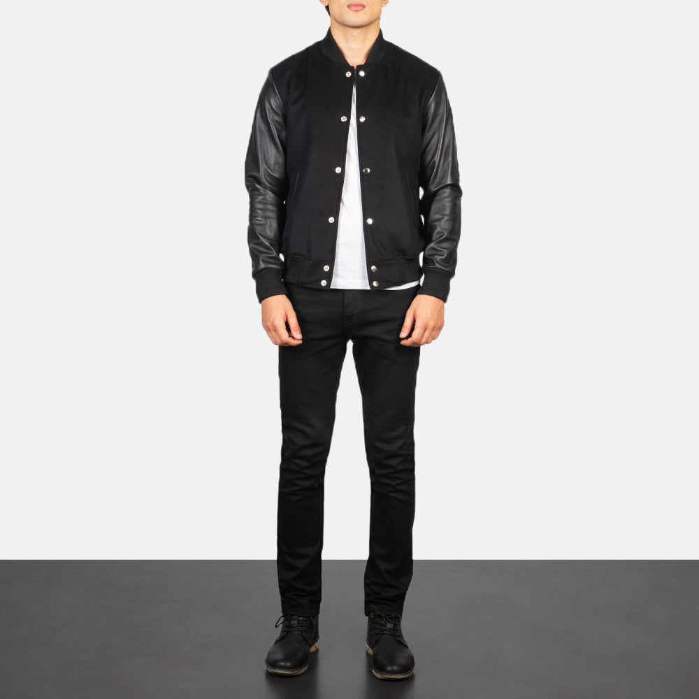Men's Vaxton Black Hybrid Varsity Jacket - Lateral Side Profile View Showing Sleeve Cut &amp; Athletic Taper Fit
