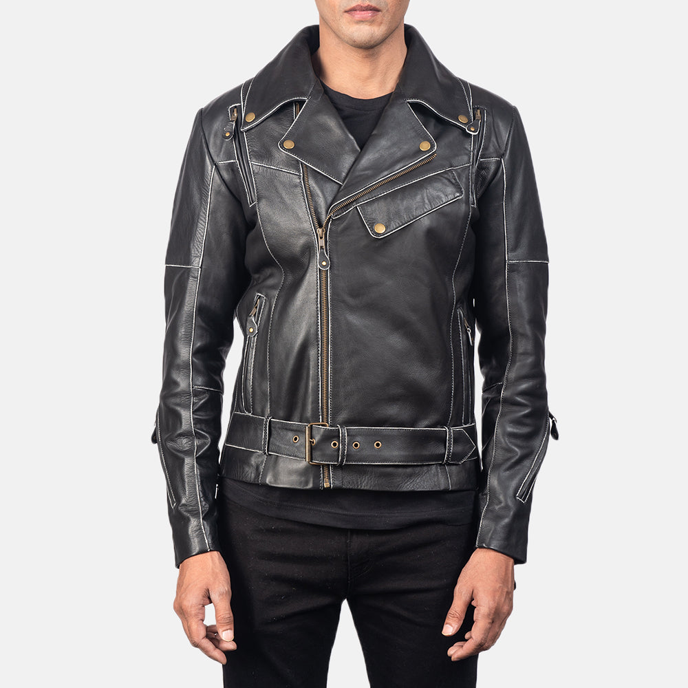 Vincent Black Leather Biker Jacket in Distressed Black Cow Hide Leather - Вид спереди и приталенный силуэт | Купить онлайн