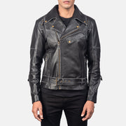Vincent Black Leather Biker Jacket in Distressed Black Cow Hide Leather - Вид спереди и приталенный силуэт | Купить онлайн