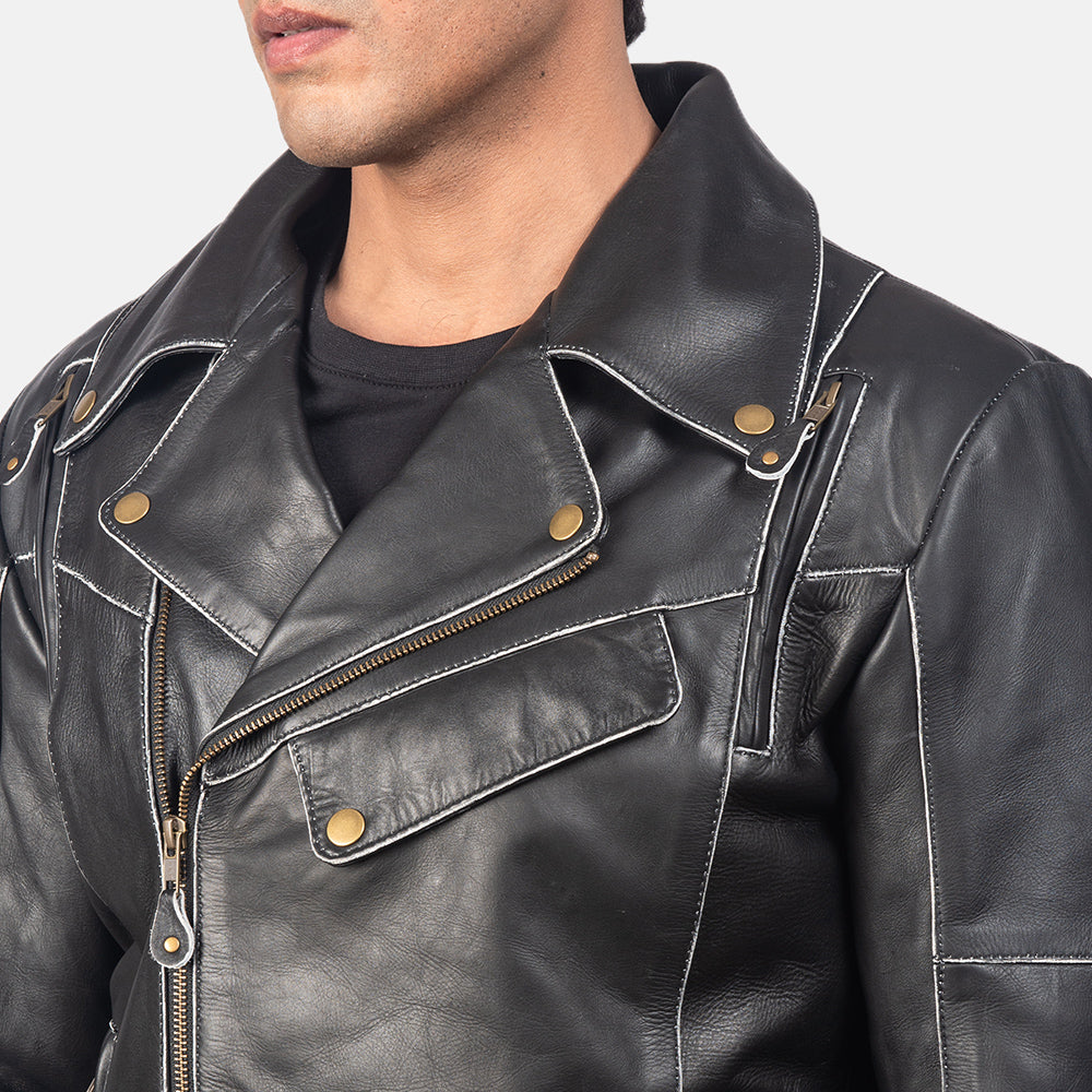 Крупный план деталей of Notch &amp; Zipper Hardware on Vincent Black Leather Biker Jacket