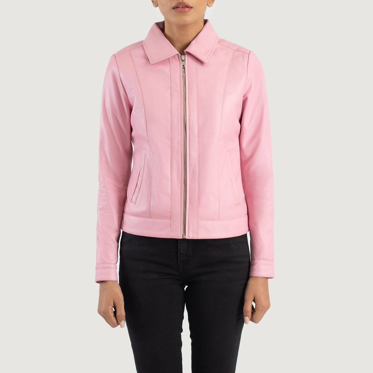 Close-Up Detail of Shirt &amp; Zipper Hardware on Women's Vixen Pink Classic Collar Leather Jacket