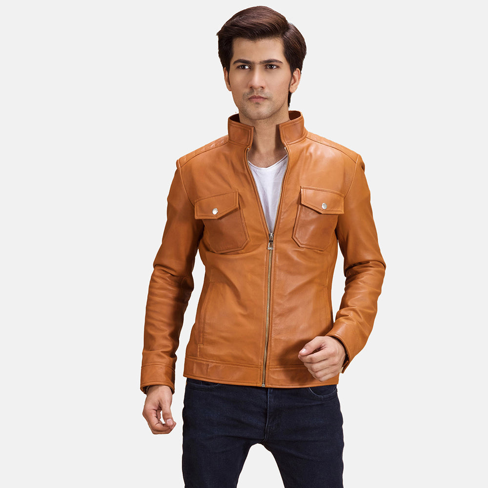 
Voltex Рыжий Кожаная куртка-косуха для Мужчин in Tan Brown Sheepskin Leather - Вид спереди и приталенный силуэт | Купить в официальном онлайн-магазине