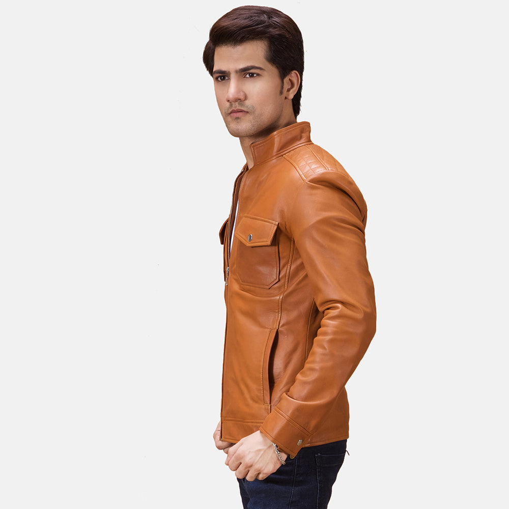 
Tan Brown Sheepskin Leather Biker Jacket - Вид сзади, подчеркивающий посадку по плечам и ровный край