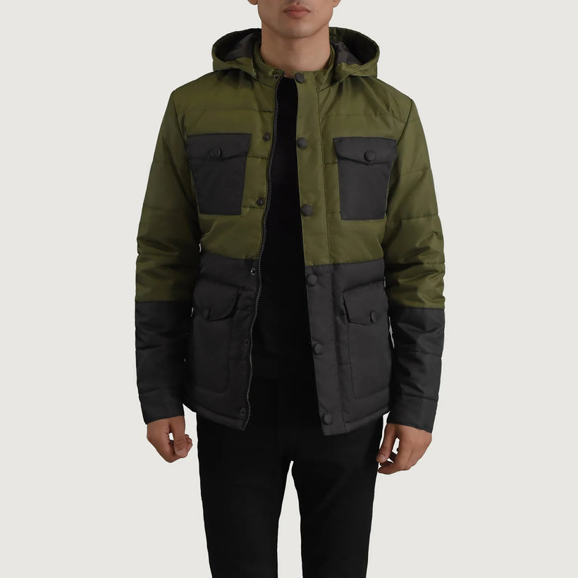 Wayne Черный & Оливковый Hooded Puffer Кожаная куртка для Мужчин