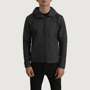 
Крупный план деталей of Classic Collar & Zipper With Inside Wind Flap. Hardware on Wesley Черный Hooded Windbreaker Кожаная куртка для Мужчин