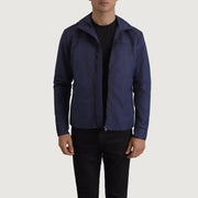 
Wesley Синий Hooded Windbreaker Кожаная куртка для Мужчин in Blue Full-Grain Leather - Вид спереди и приталенный силуэт | Купить в официальном онлайн-магазине