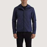 
Крупный план деталей of Classic Collar & Zipper With Inside Wind Flap. Hardware on Wesley Синий Hooded Windbreaker Кожаная куртка для Мужчин