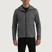
Крупный план деталей of Classic Collar & Zipper With Inside Wind Flap. Hardware on Wesley Grey Hooded Windbreaker Кожаная куртка для Мужчин