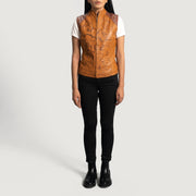 
Крупный план деталей of Classic Collar & Zipper Hardware on Westina Рыжий Dye Кожаный жилет для Женщин