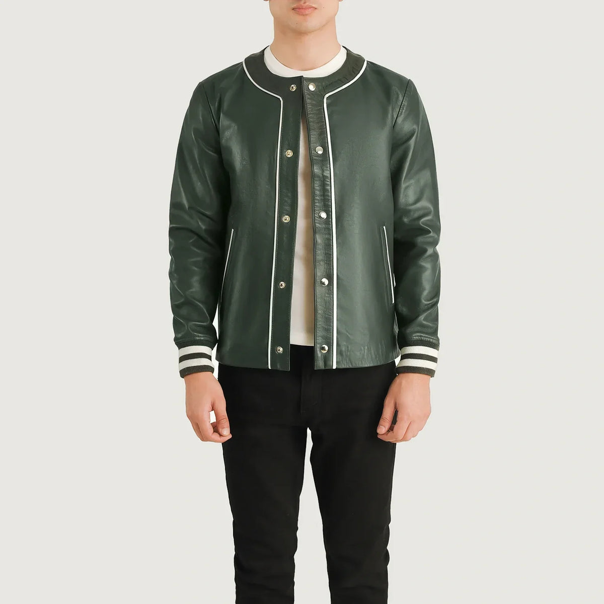 
Rib Knit & Hem Craftsmanship Construction Detail on Willis Black Leather Varsity Jacket