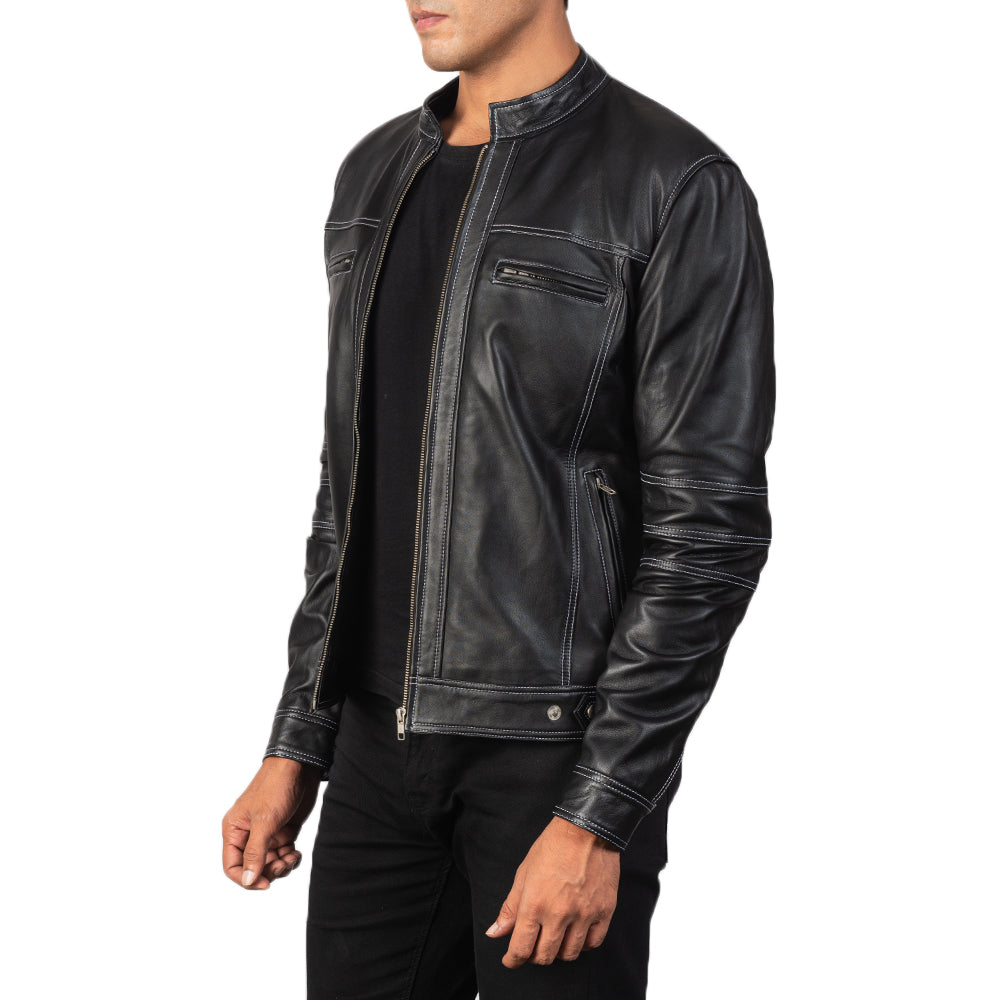 Black Goatskin Snuffed Biker Jacket - Back View Showing Tailored Shoulder Fit &amp; Clean Hemline