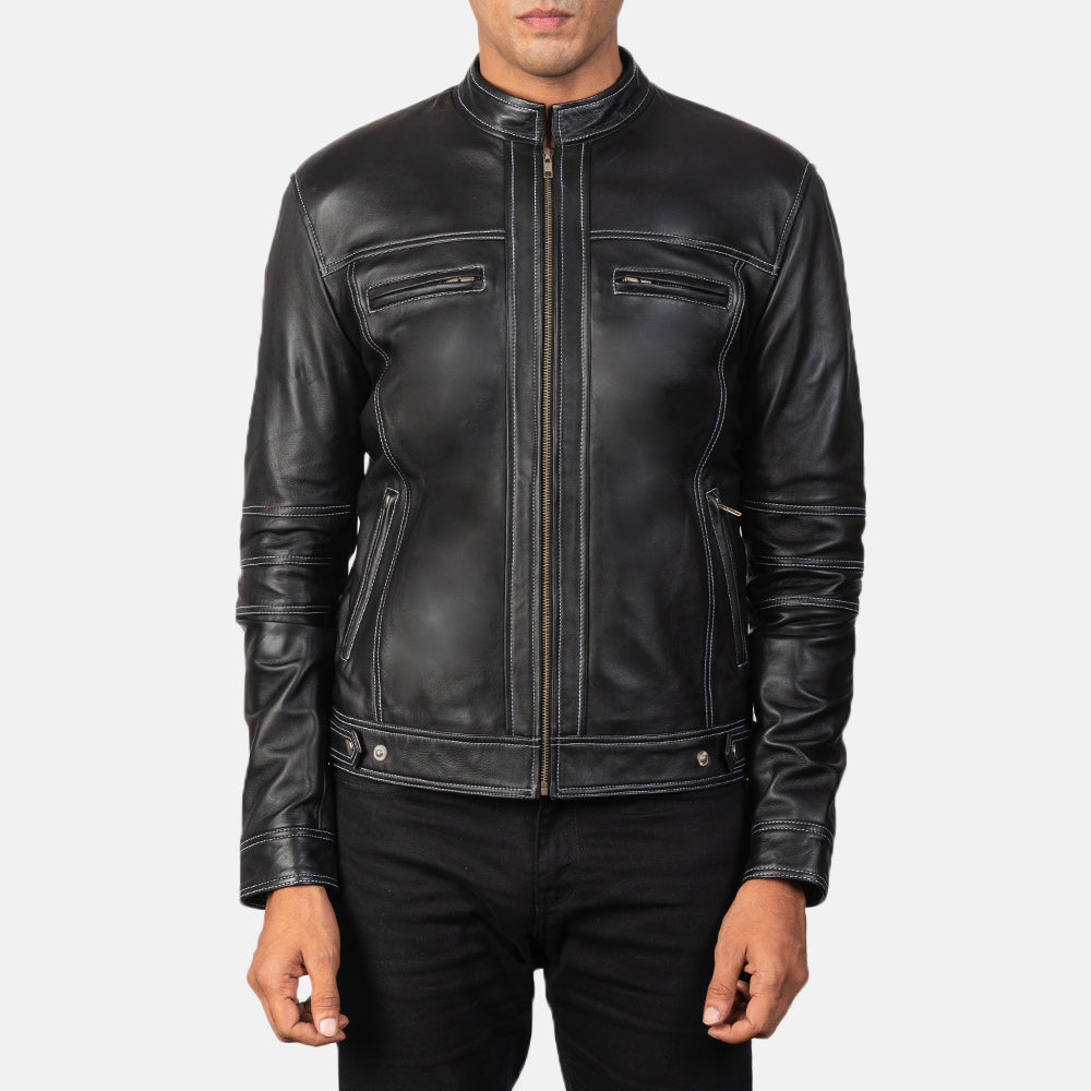 Close-Up Detail of Band &amp; Zipper Hardware on Youngster Distressed Black Leather Jacket