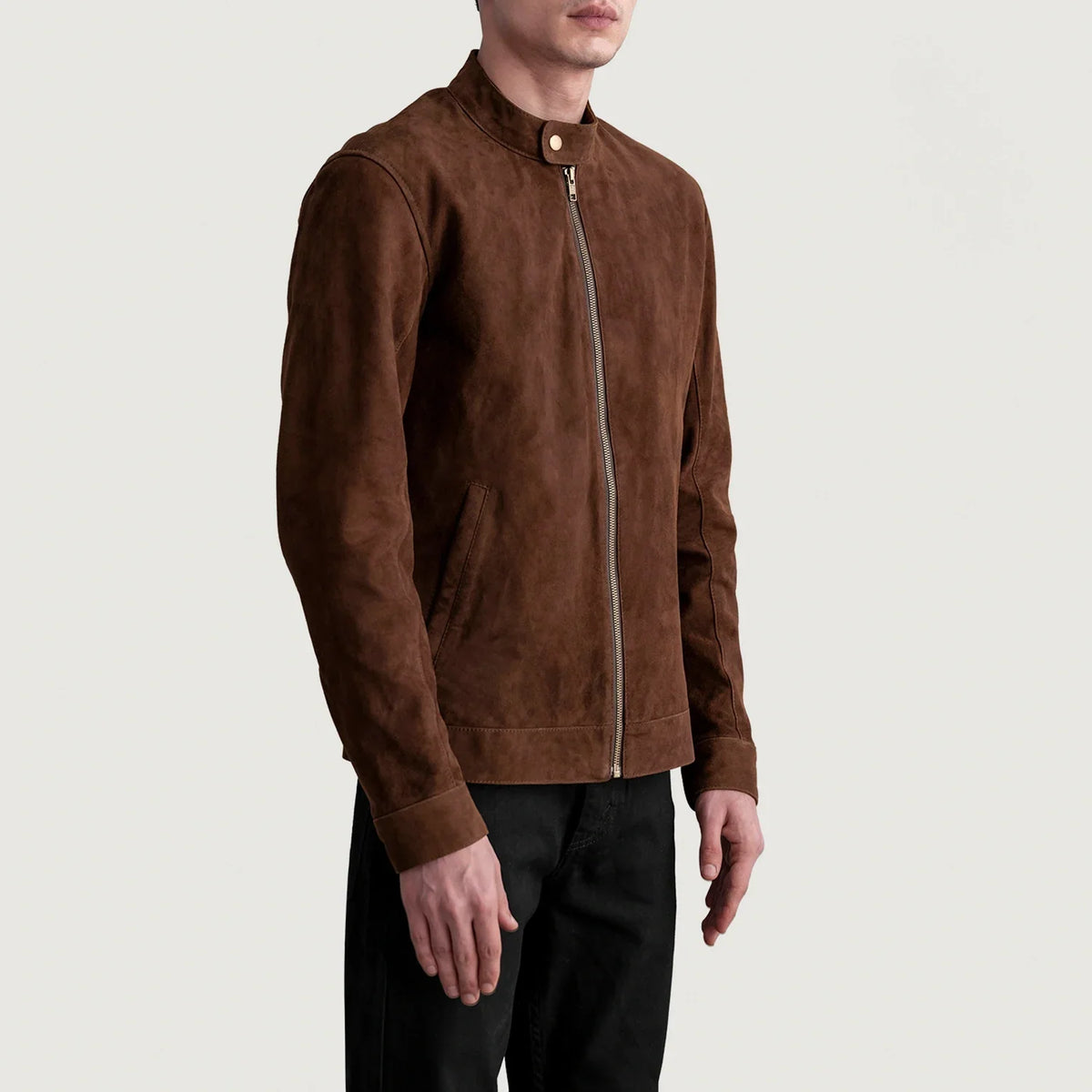 Brown Goatskin Suede Biker Jacket - Back View Showing Tailored Shoulder Fit &amp; Clean Hemline