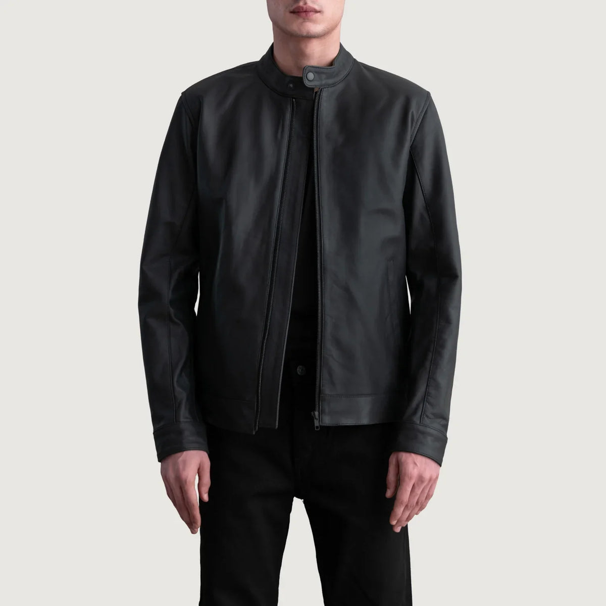 Zen Matte Black Leather Biker Jacket in Matte Black Cowhide Leather - Front Profile View &amp; Tailored Silhouette | Buy Online