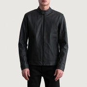 Zen Matte Black Leather Biker Jacket - Lateral Side Profile View Showing Sleeve Cut &amp; Athletic Taper Fit
